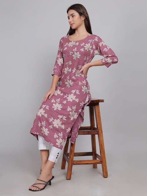women floral printed three quarter sleeve straight kurta - 21998111 - Standard Image - 0