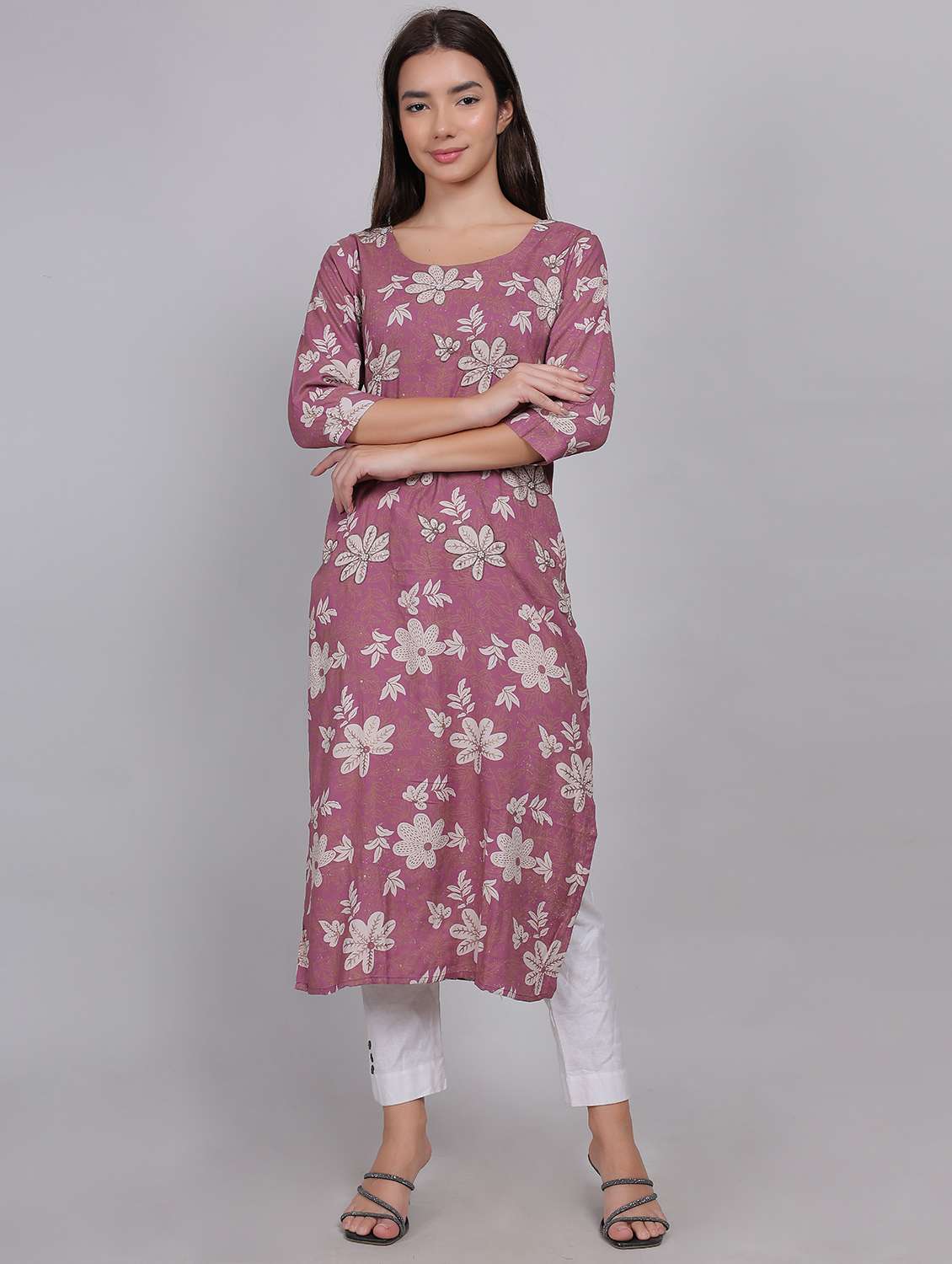 women floral printed three quarter sleeve straight kurta - 21998111 - Standard Image - 1