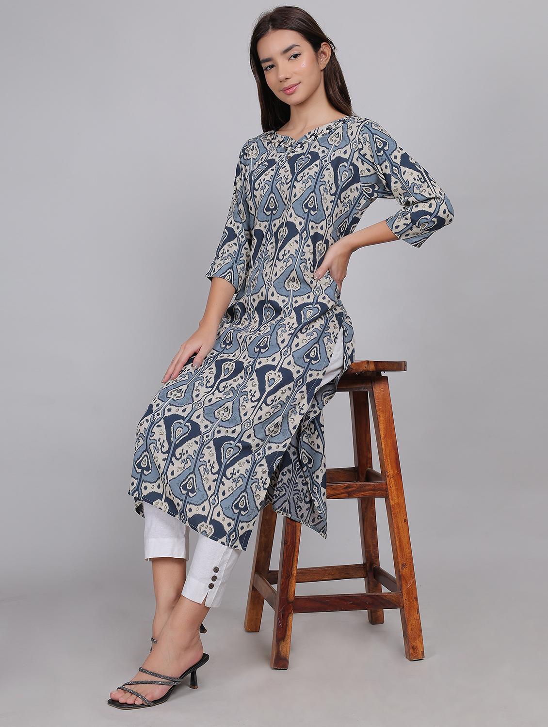 women printed three quarter sleeve straight kurta - 21998113 -  Zoom Image - 0