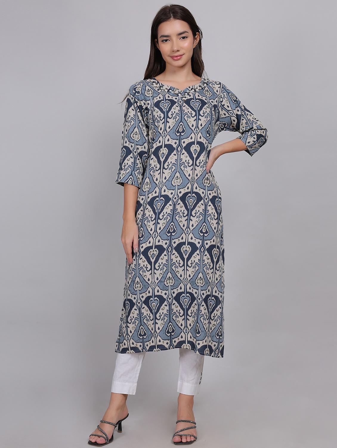 women printed three quarter sleeve straight kurta - 21998113 -  Standard Image - 1