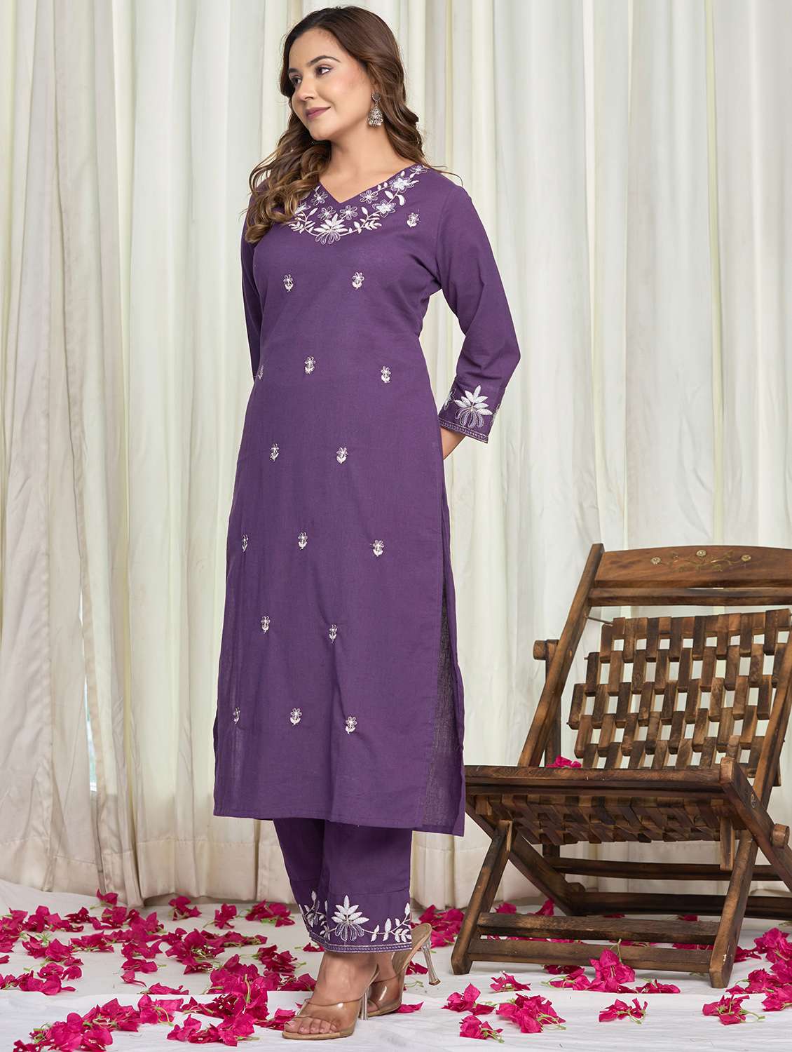 women solid with work three quarter sleeve kurta palazzo set - 21998120 - Standard Image - 1