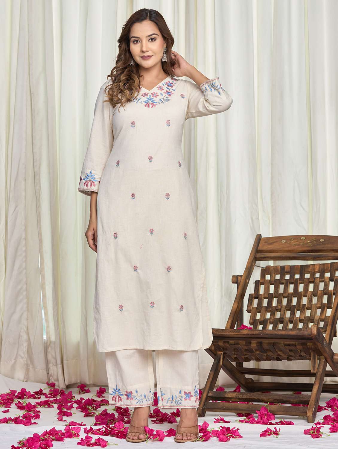 women solid with work three quarter sleeve kurta palazzo set