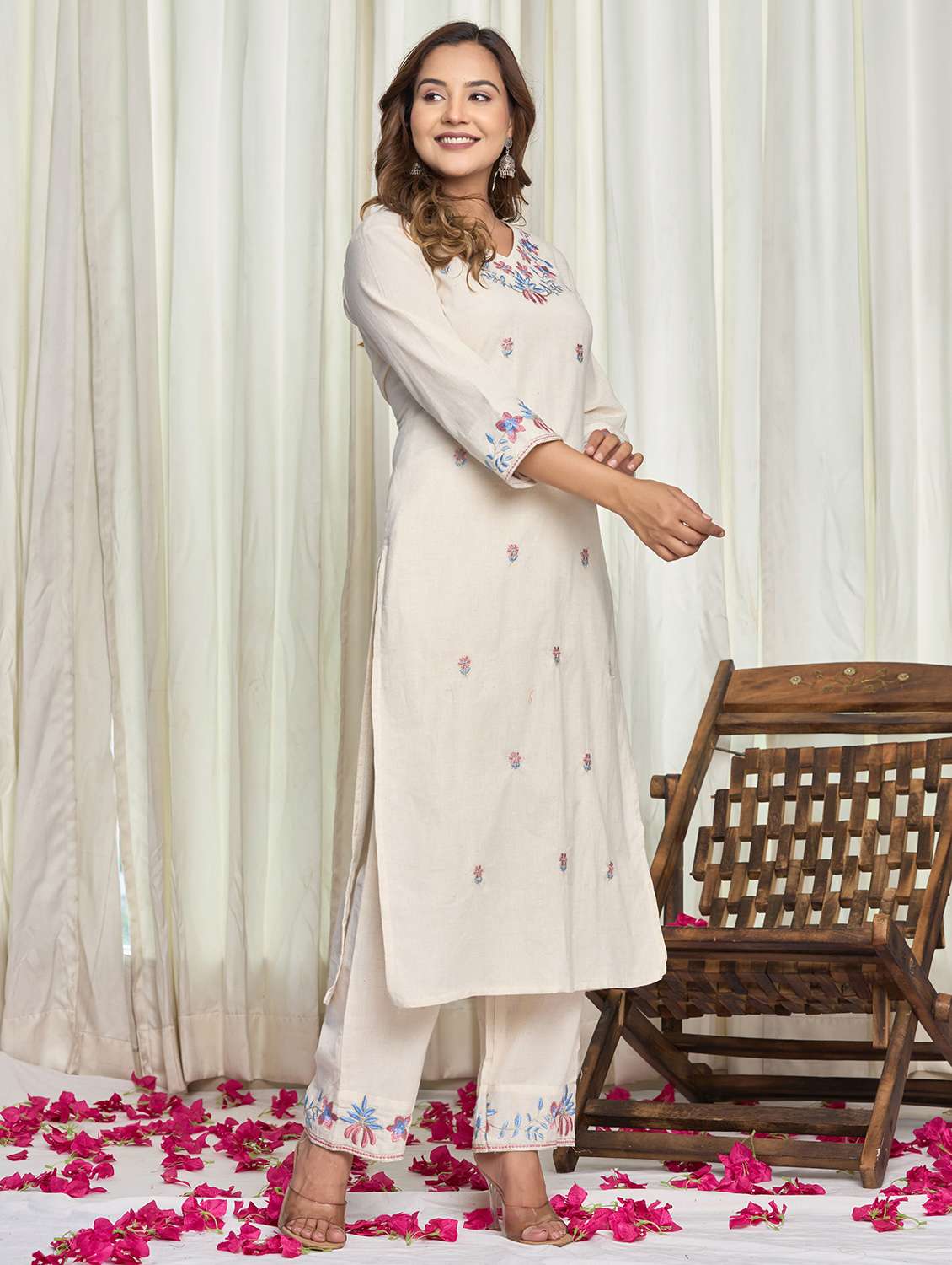 women solid with work three quarter sleeve kurta palazzo set - 21998121 -  Standard Image - 1