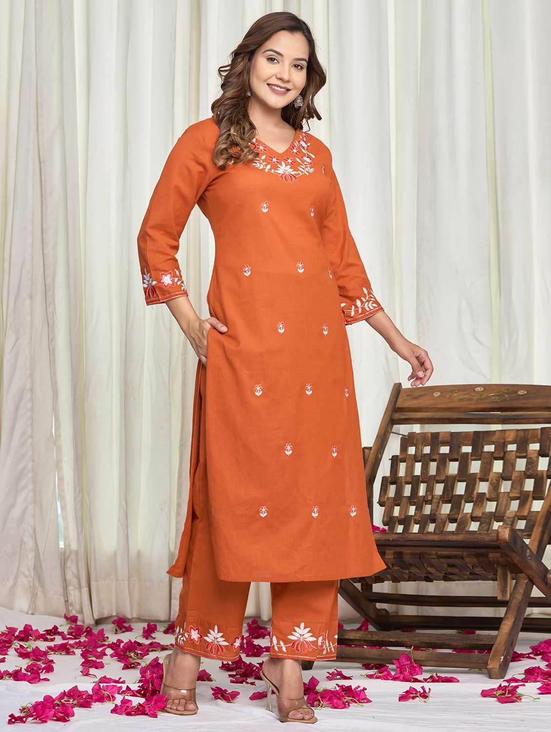 women solid with work three quarter sleeve kurta palazzo set - 21998122 - Standard Image - 1