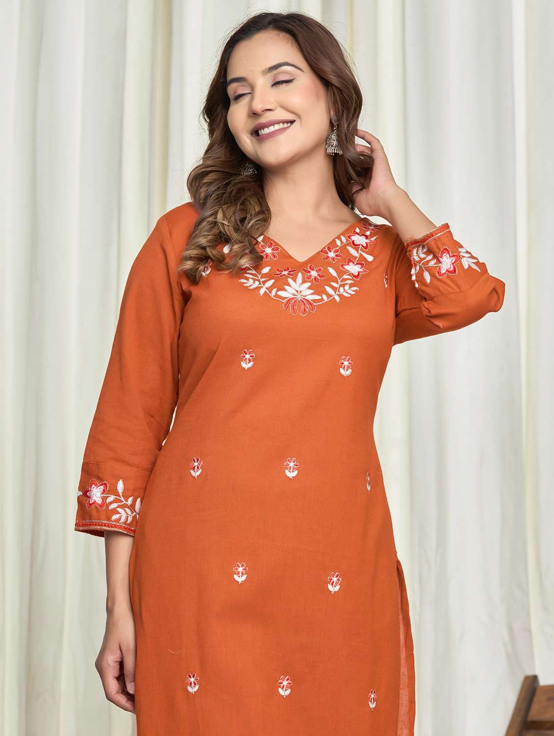 women solid with work three quarter sleeve kurta palazzo set - 21998122 - Standard Image - 4