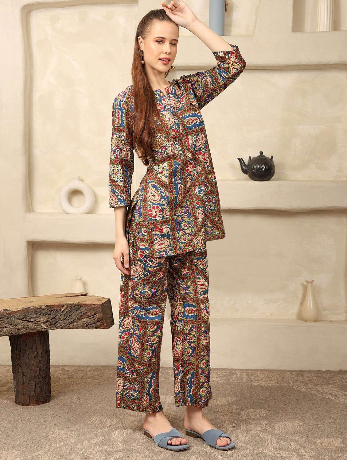 women paisley printed three quarter sleeve ethnic co-ord set - 21998205 -  Standard Image - 1