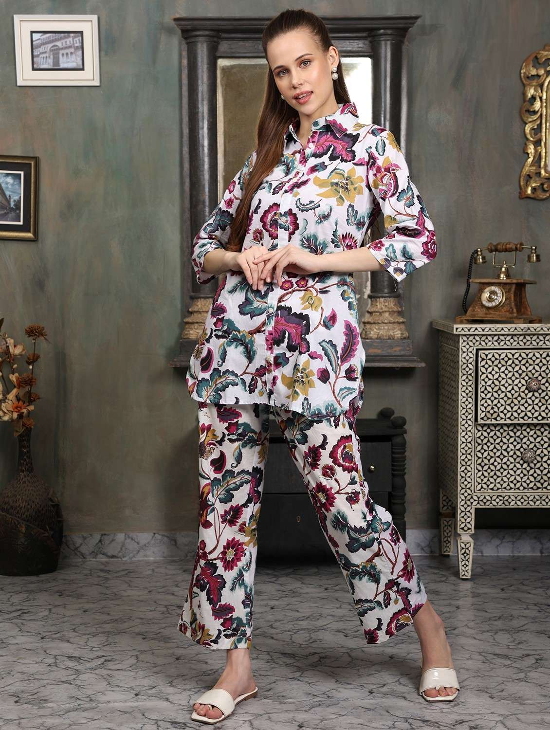 women floral printed three quarter sleeve ethnic co-ord set - 21998207 - Standard Image - 4