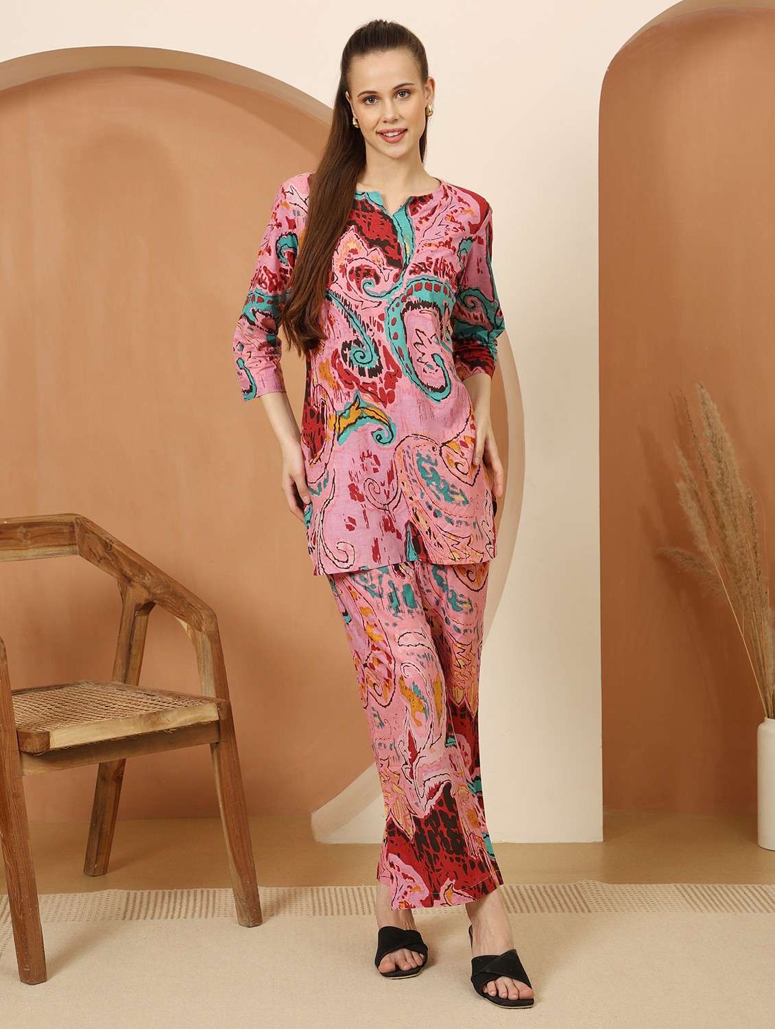 women paisley printed three quarter sleeve ethnic co-ord set - 21998213 - Standard Image - 1