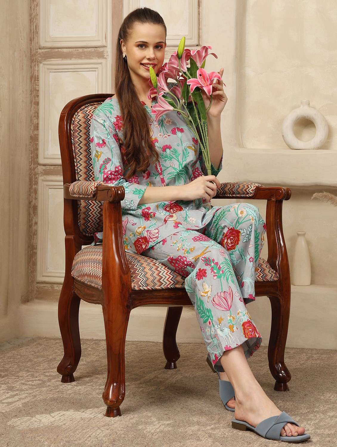 women floral printed three quarter sleeve ethnic co-ord set - 21998214 - Standard Image - 4