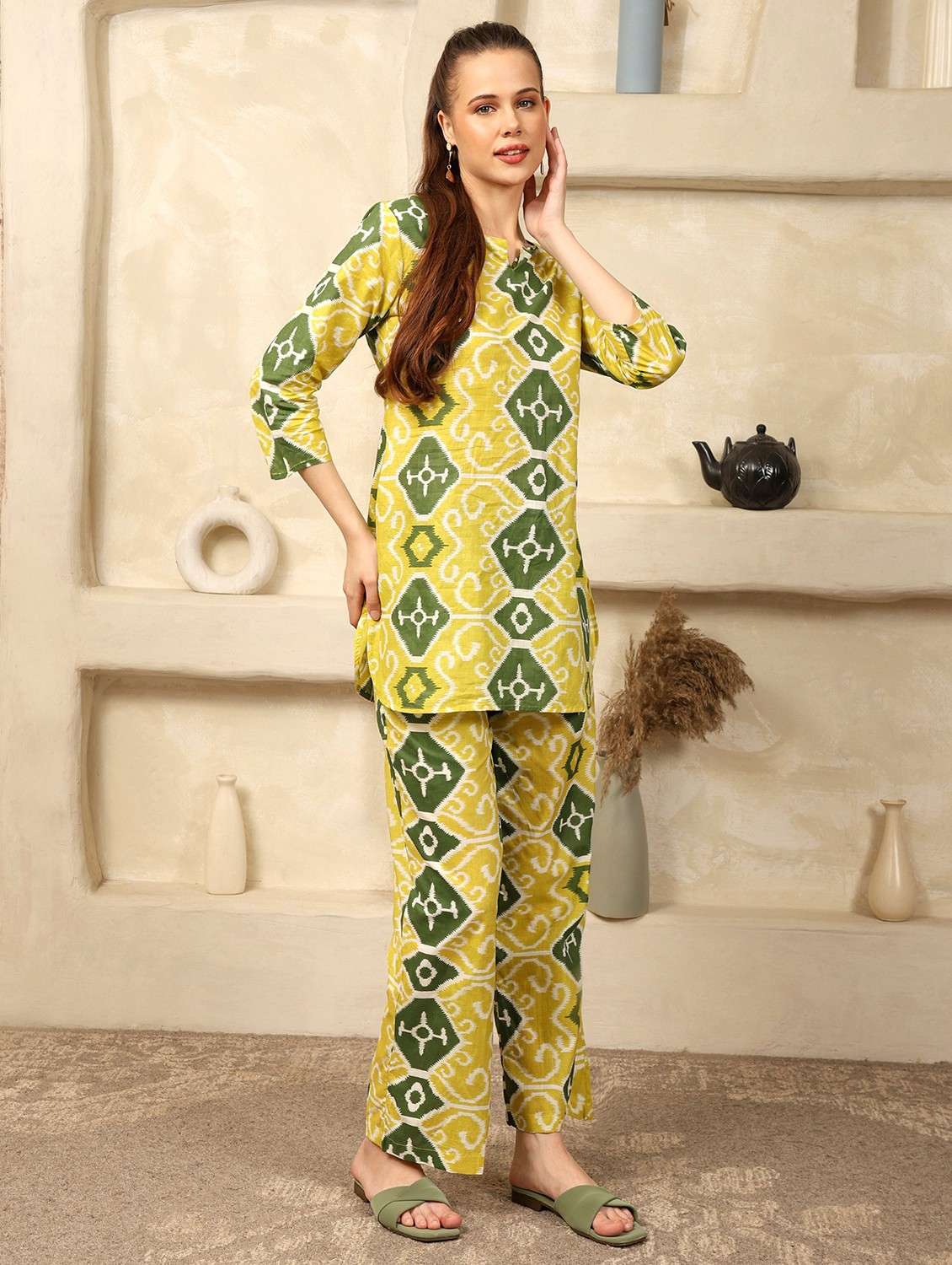 women ikat printed three quarter sleeve ethnic co-ord set - 21998219 - Standard Image - 1