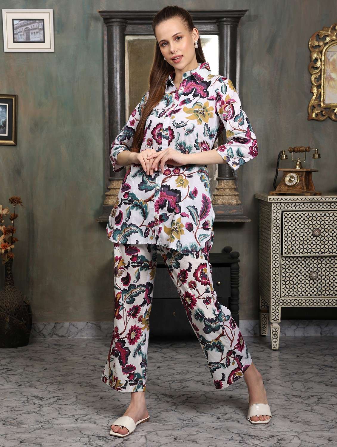 women floral printed three quarter sleeve ethnic co-ord set - 21998228 - Standard Image - 4
