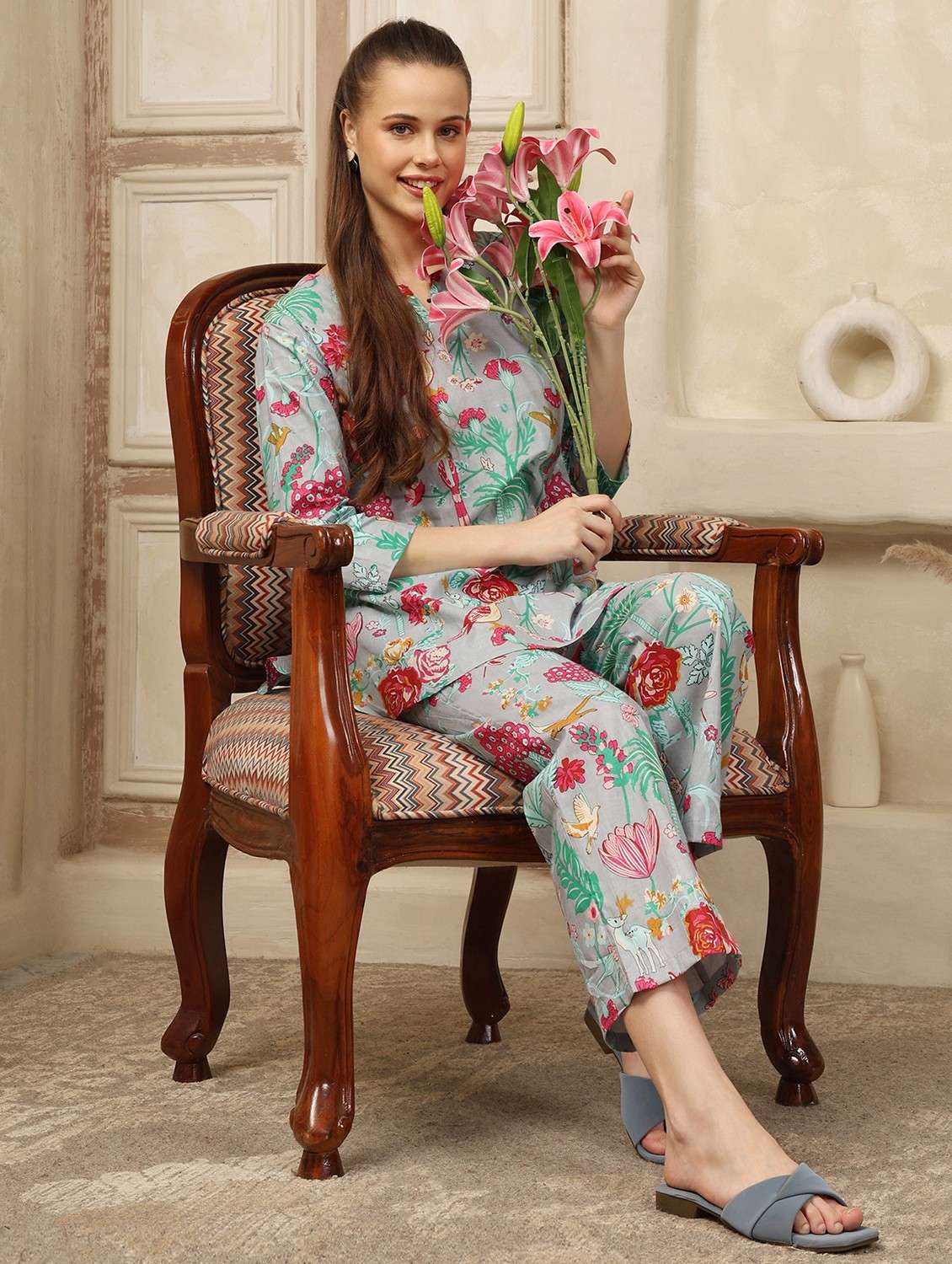 women floral printed three quarter sleeve ethnic co-ord set - 21998235 -  Standard Image - 1
