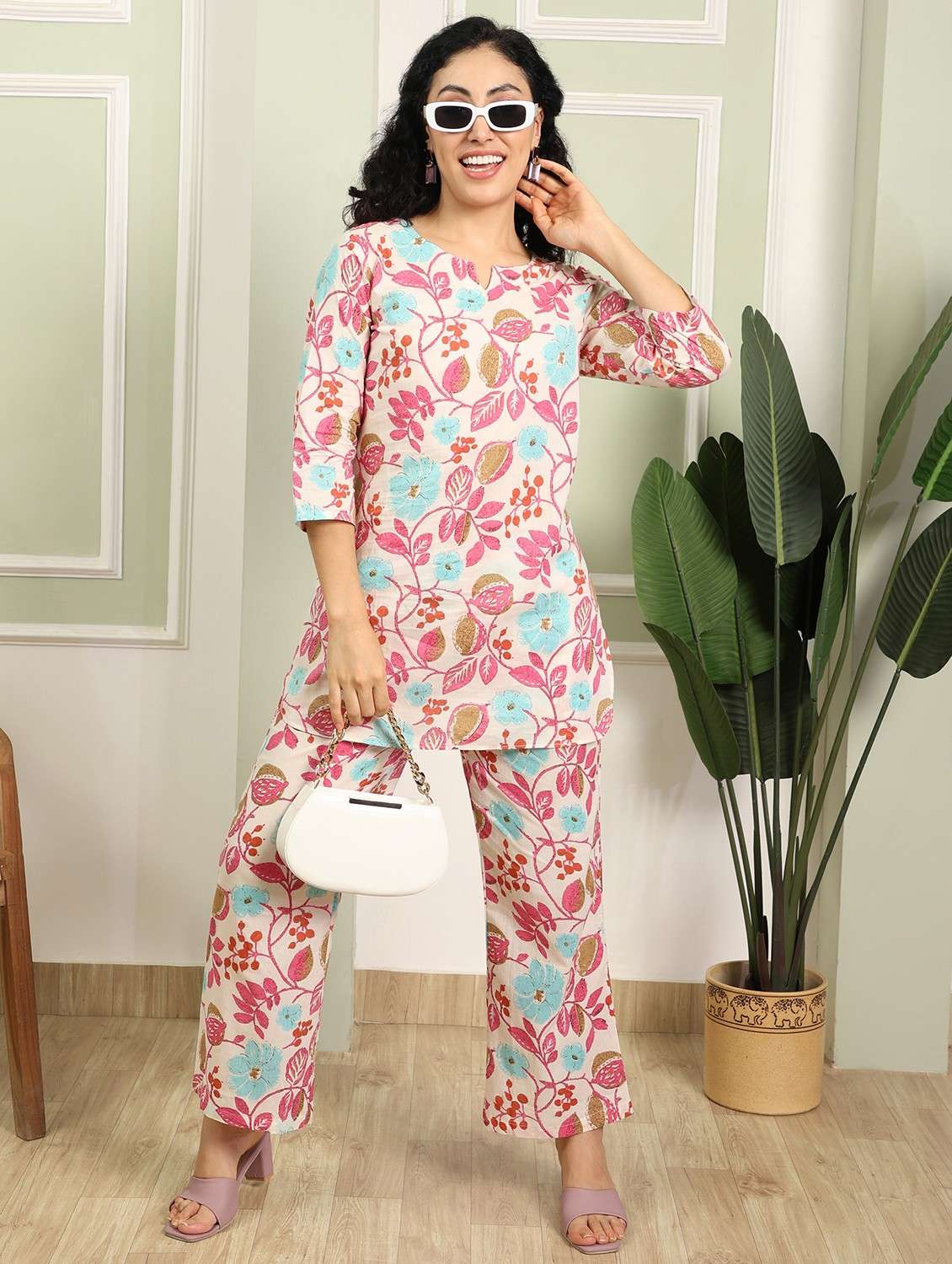 women floral printed three quarter sleeve ethnic co-ord set - 21998246 - Zoom Image - 0