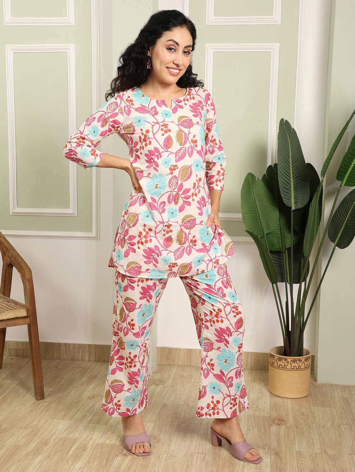 women floral printed three quarter sleeve ethnic co-ord set - 21998246 - Standard Image - 1