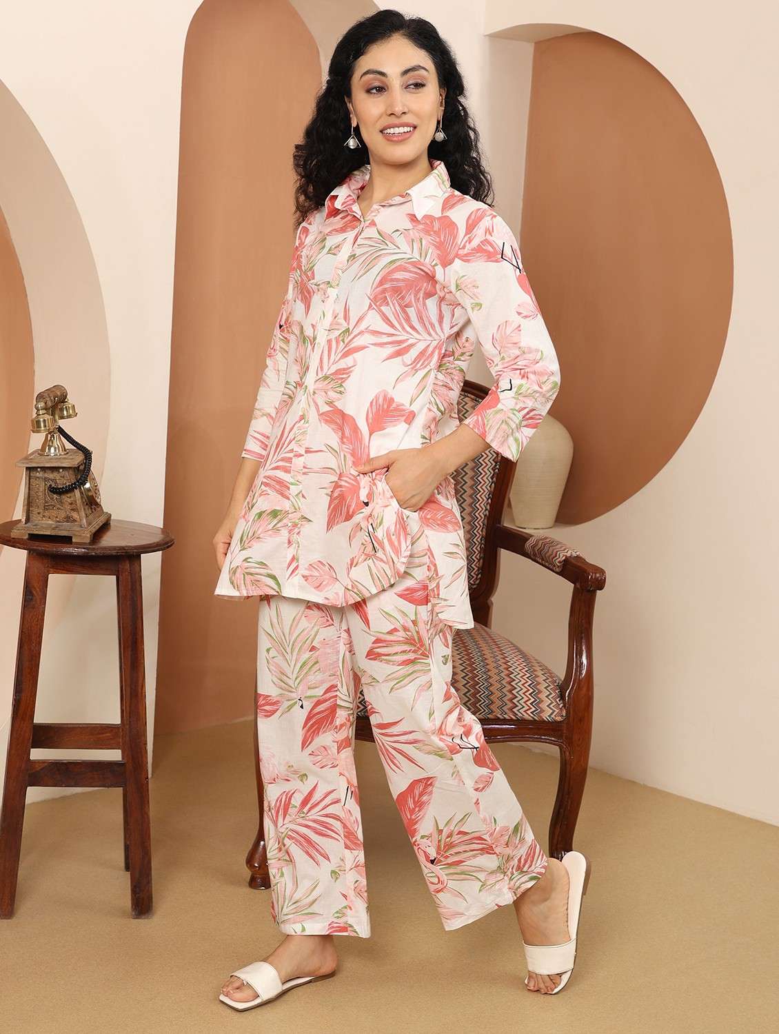 women printed three quarter sleeve ethnic co-ord set - 21998252 - Standard Image - 1