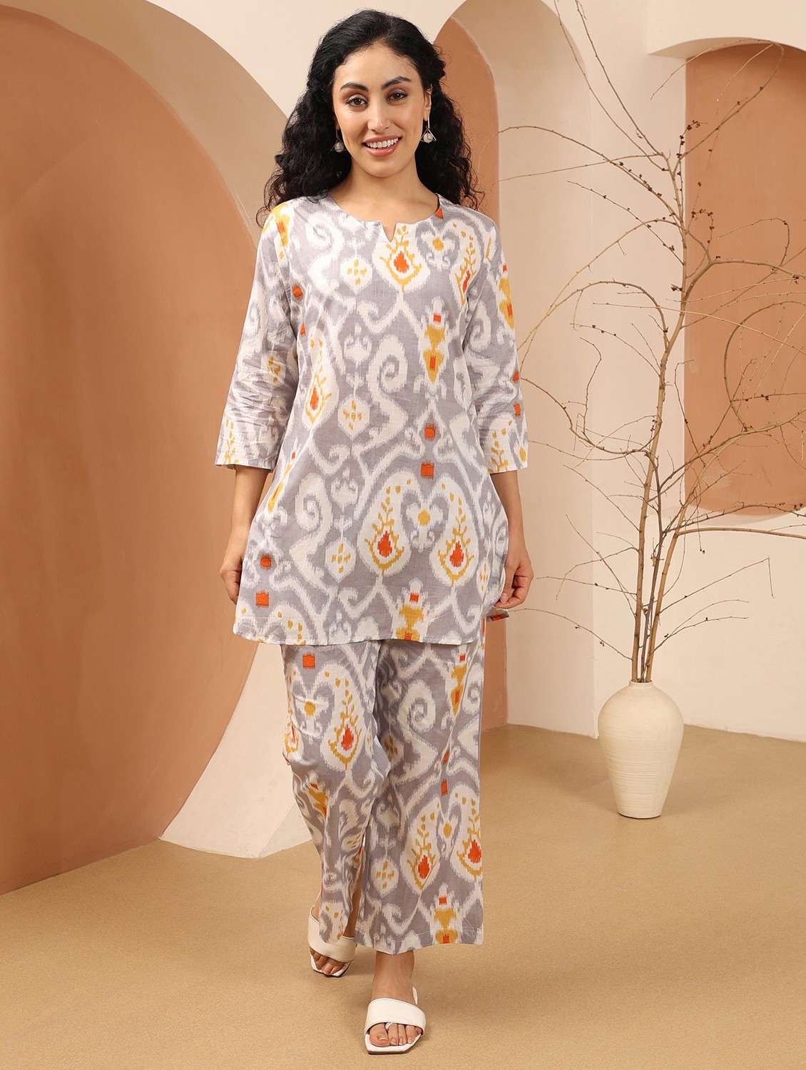 women ikat printed three quarter sleeve ethnic co-ord set - 21998256 -  Standard Image - 1