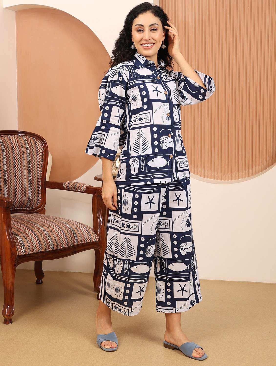 women printed three quarter sleeve ethnic co-ord set - 21998259 - Standard Image - 1
