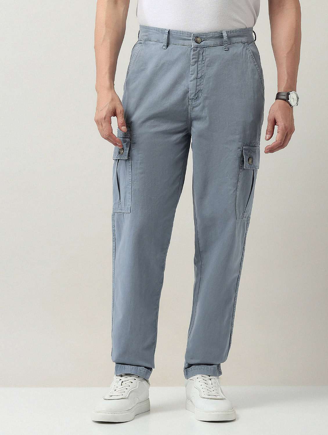 men solid mid rise relaxed fit denim cargo - 21998326 - Standard Image - 1