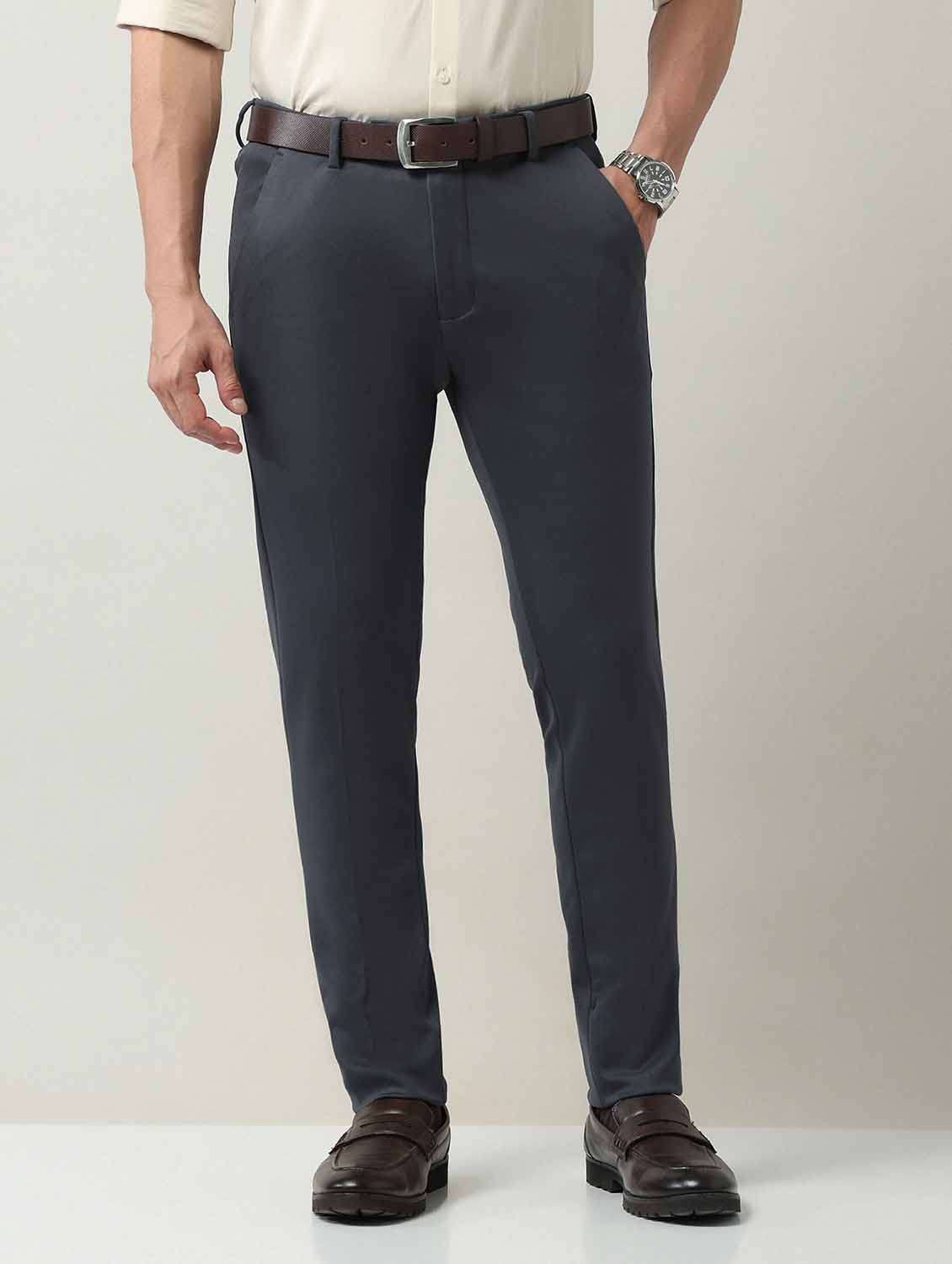 men solid mid rise slim fit trouser