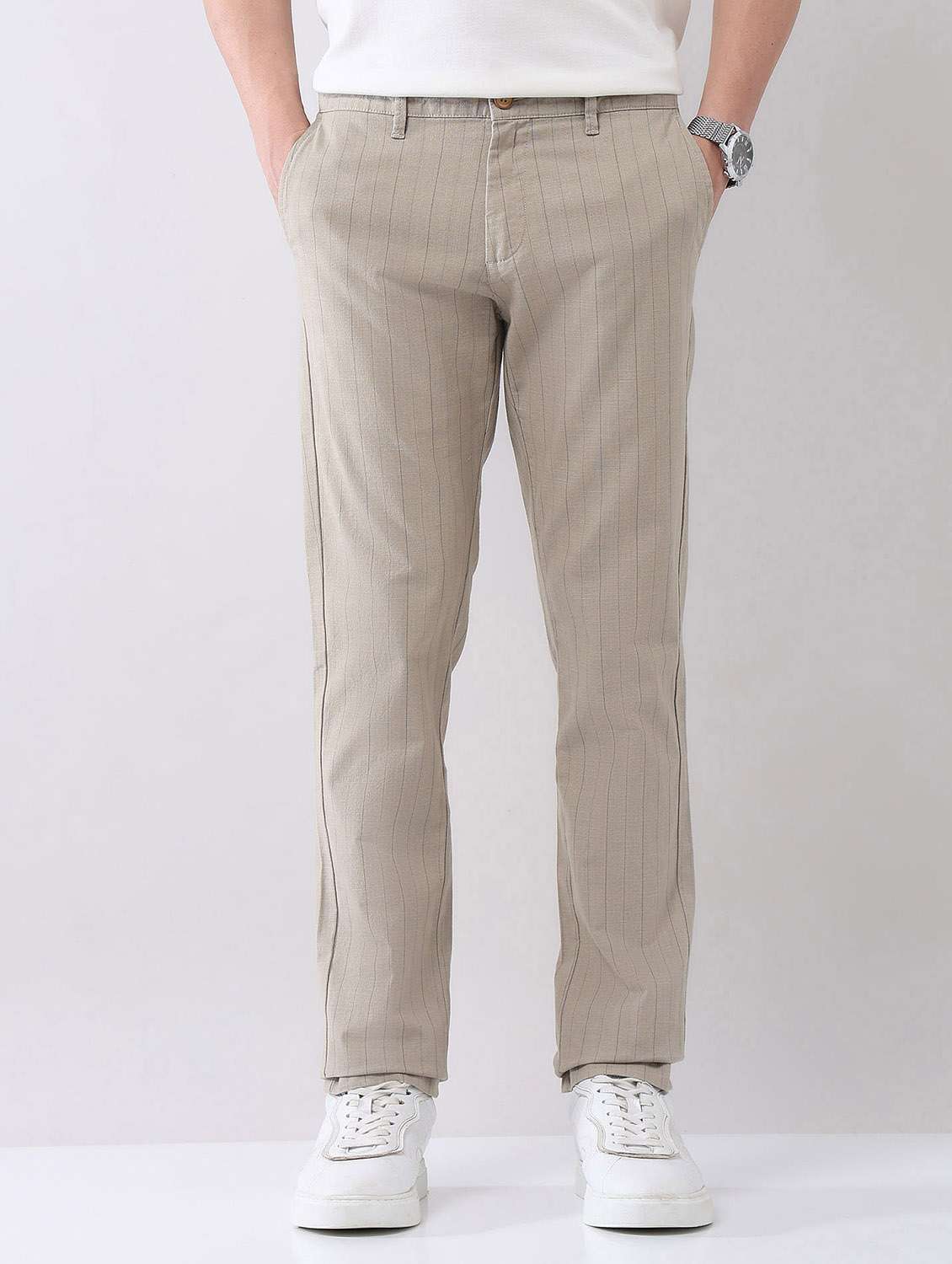 men striped mid rise straight fit chinos