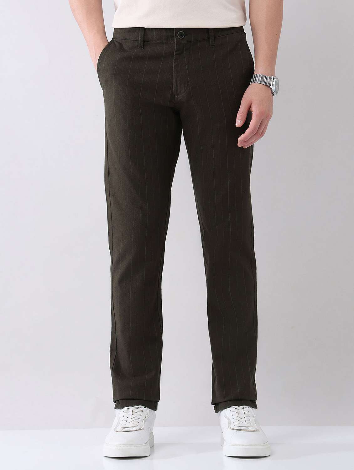 men striped mid rise straight fit chinos