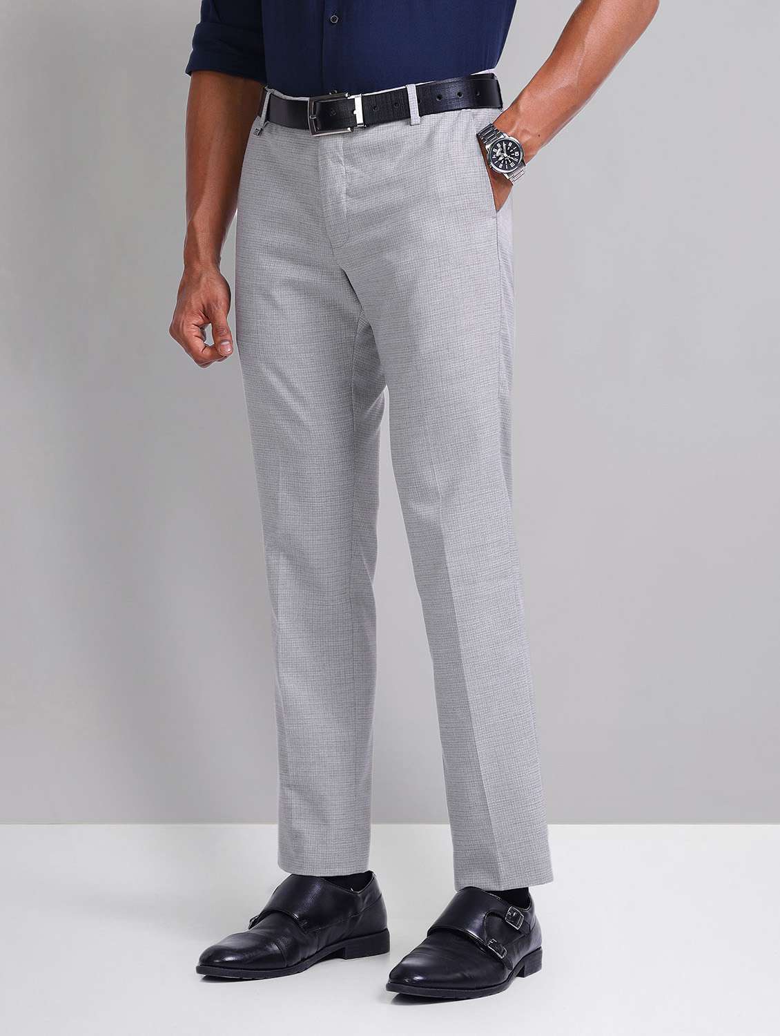 men checkered mid rise formal trouser - 21998360 -  Standard Image - 1