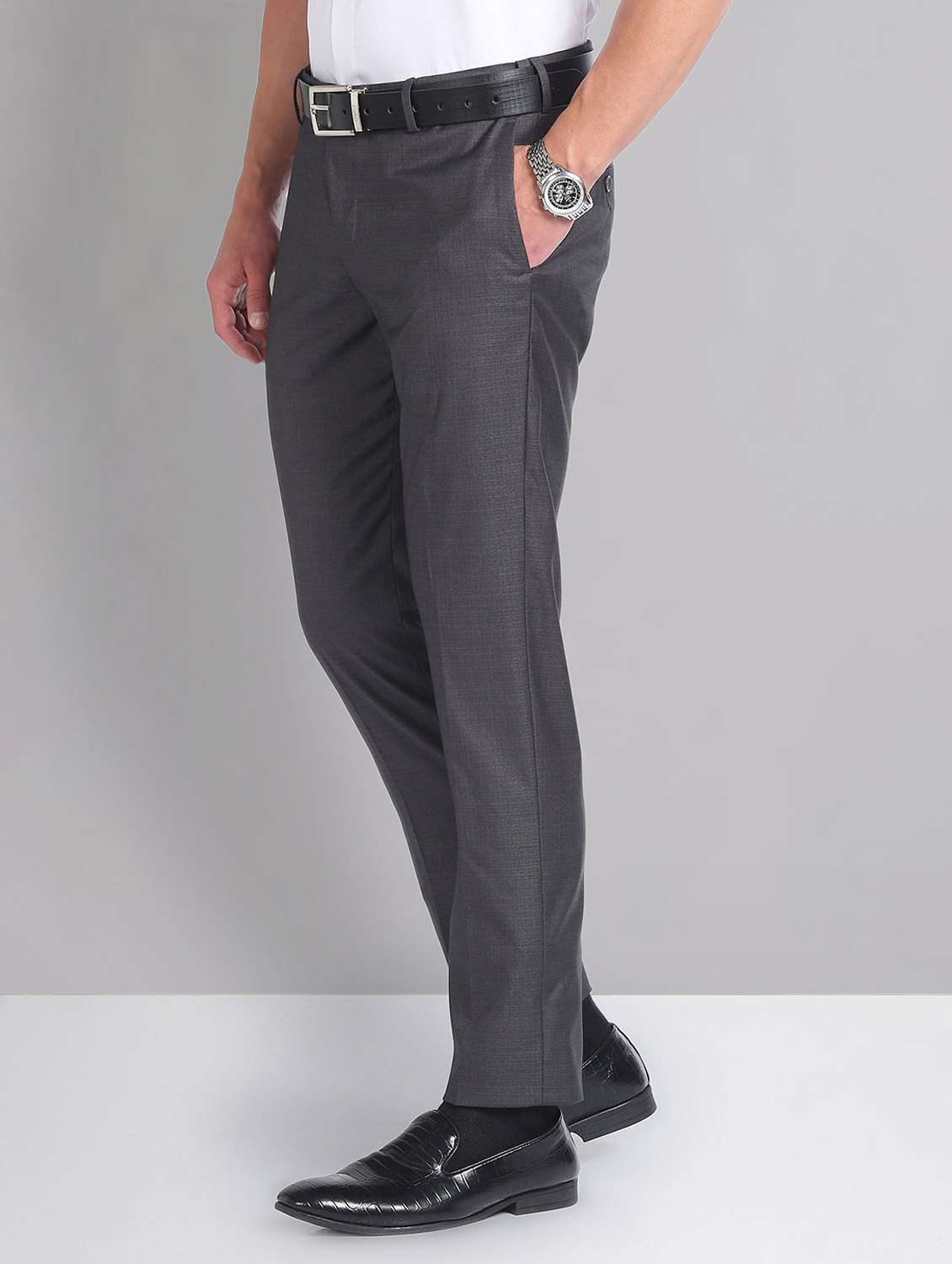 men solid mid rise slim fit formal trouser - 21998362 - Standard Image - 1