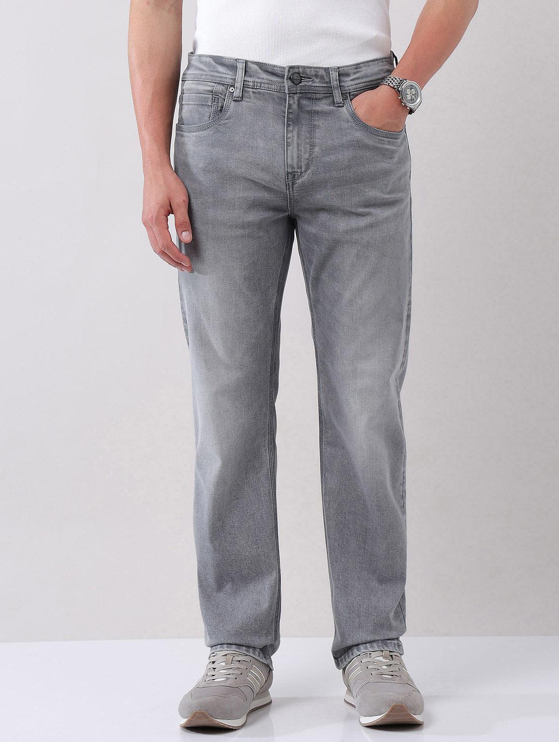 men washed mid rise straight fit jeans