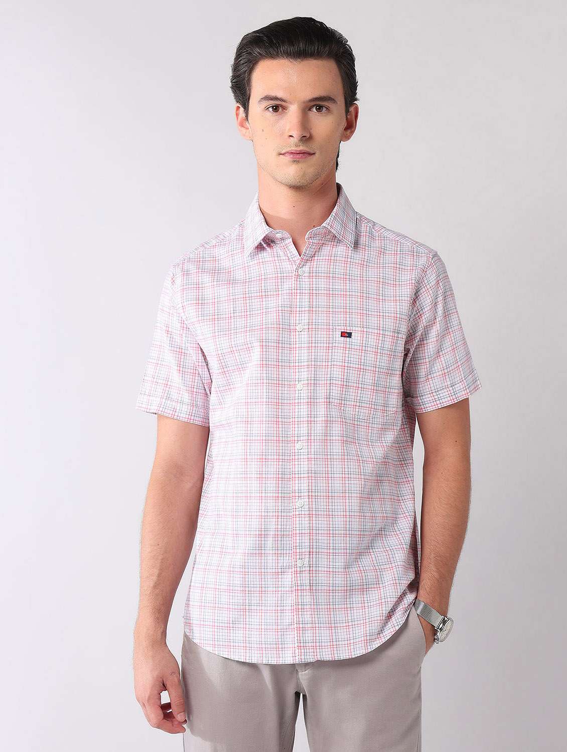 men checkered short sleeve regular fit casual shirt