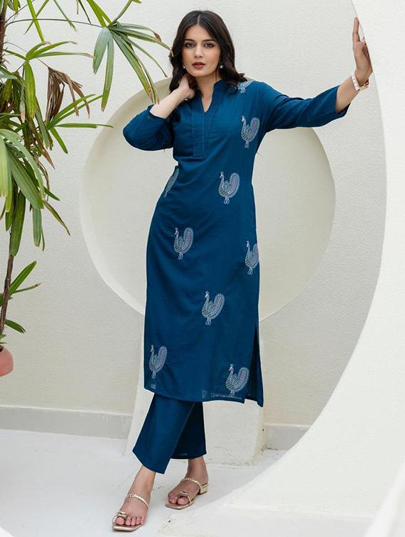 women solid with work three quarter sleeve kurta pant set - 21998513 -  Standard Image - 1