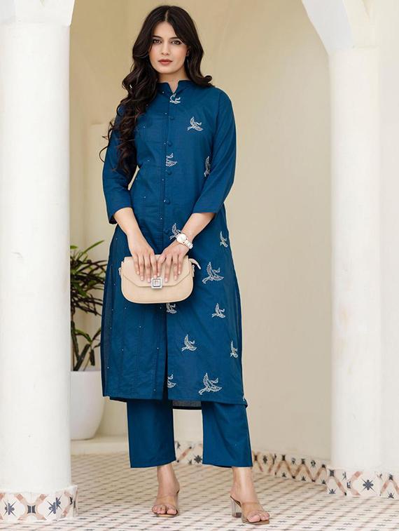 women solid with work three quarter sleeve kurta pant set - 21998513 - Standard Image - 4