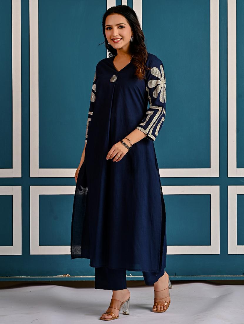 women solid with work three quarter sleeve kurta pant set - 21998516 - Standard Image - 1