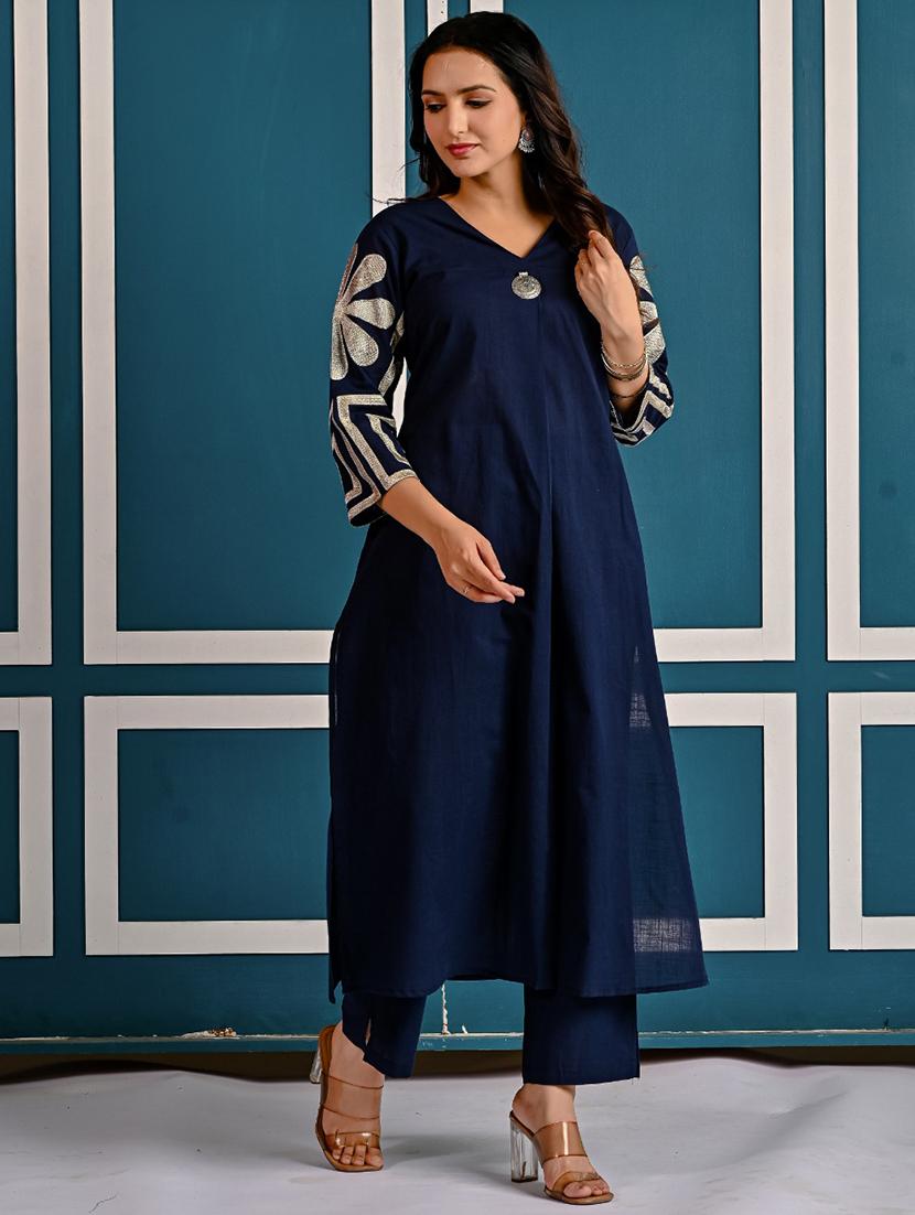 women solid with work three quarter sleeve kurta pant set - 21998516 - Standard Image - 4