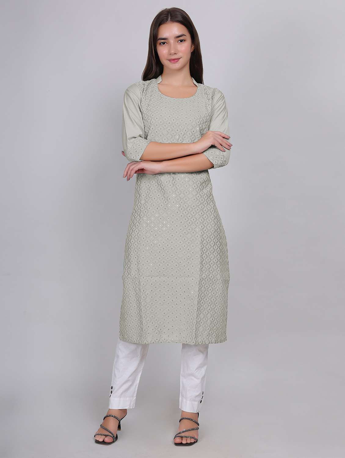 women solid with work three quarter sleeve straight kurta - 21998537 -  Standard Image - 1
