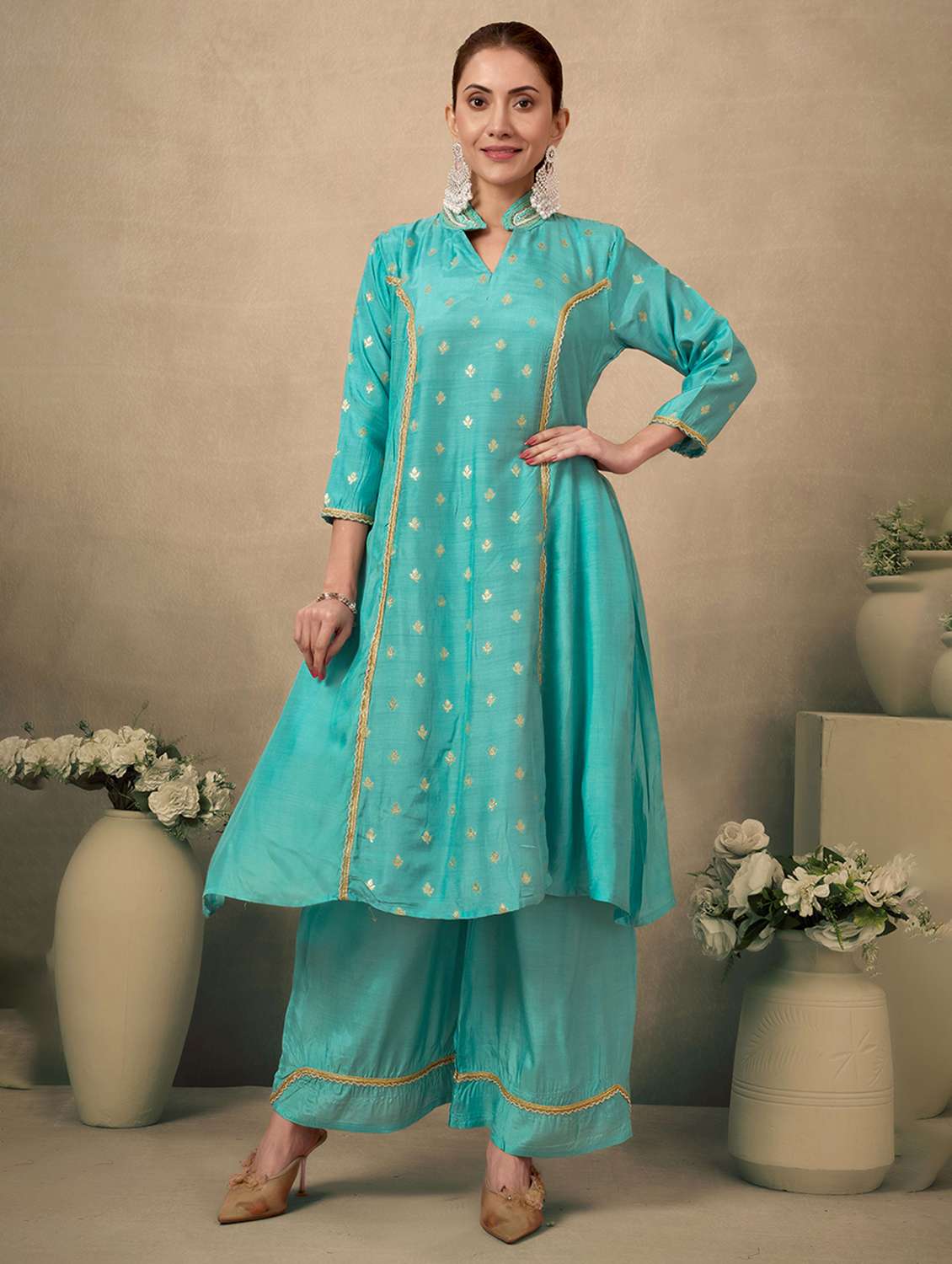 women self design three quarter sleeve kurta palazzo set