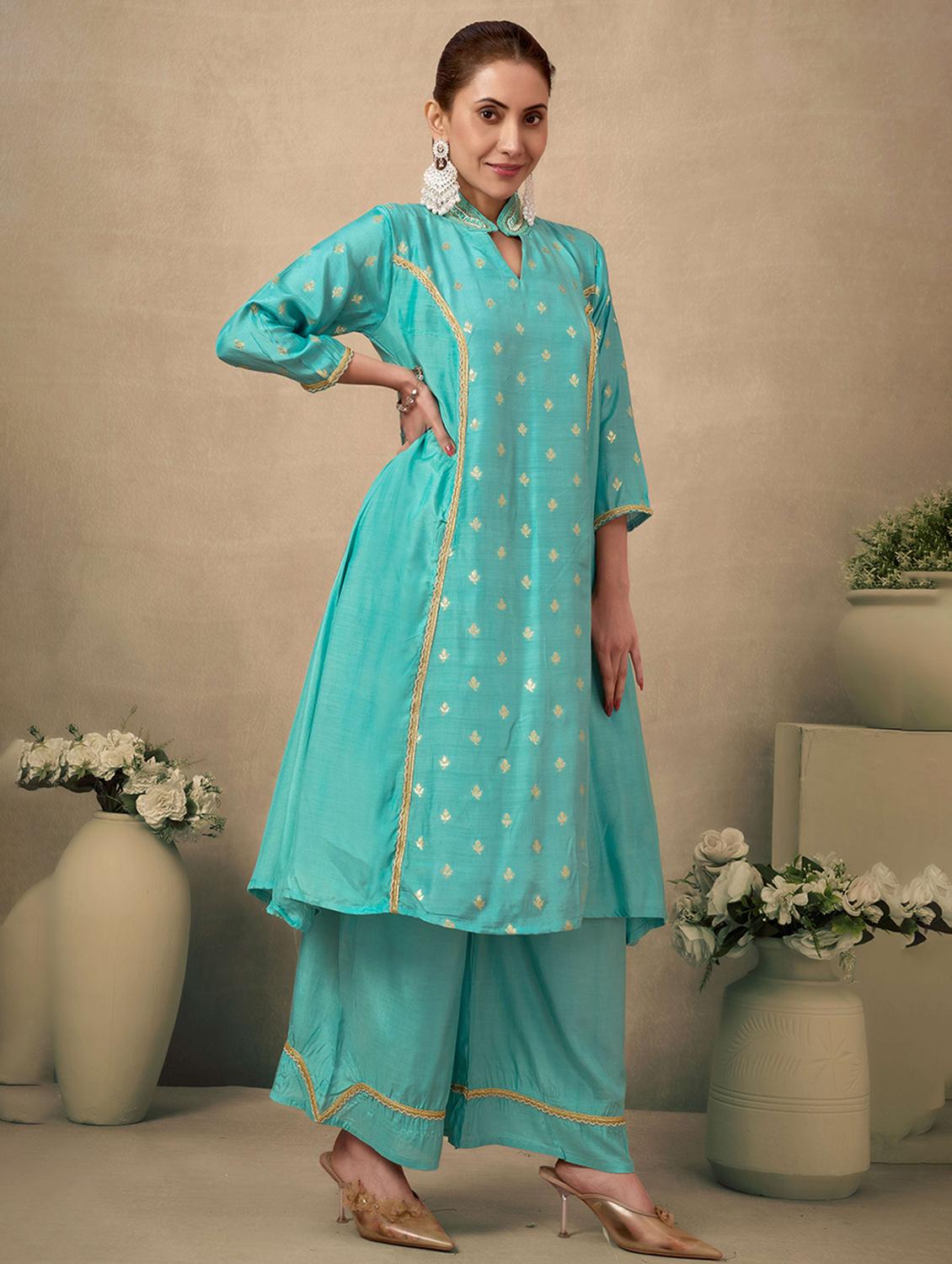 women self design three quarter sleeve kurta palazzo set - 21998562 - Standard Image - 1
