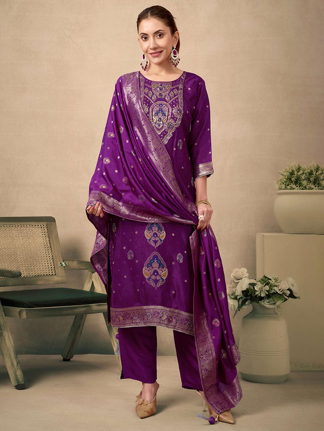 women self design three quarter sleeve kurta pant with dupatta set - 21998563 - Standard Image - 1
