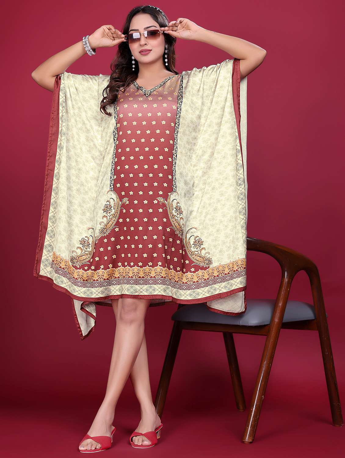 women printed kimono sleeve kaftan dress