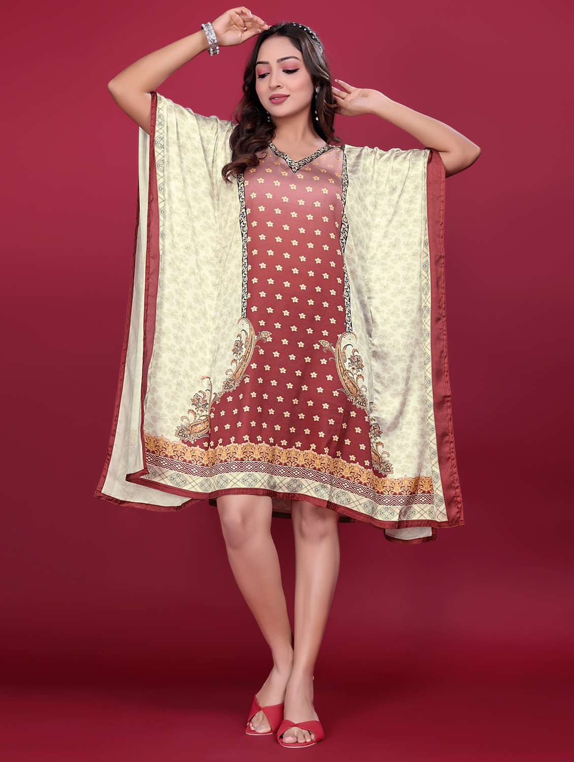 women printed kimono sleeve kaftan dress - 21998625 - Standard Image - 1