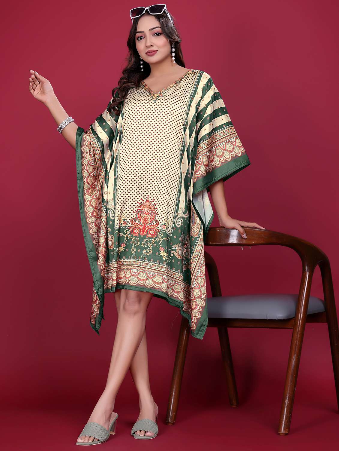 women printed kimono sleeve kaftan dress