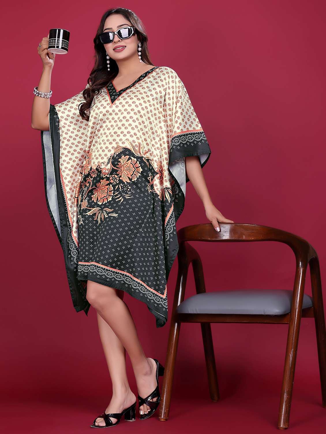 women printed kimono sleeve kaftan dress