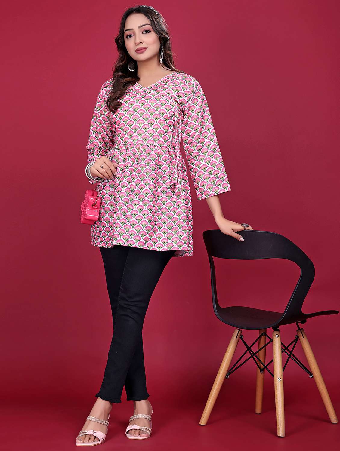 women printed three quarter sleeve flared kurti