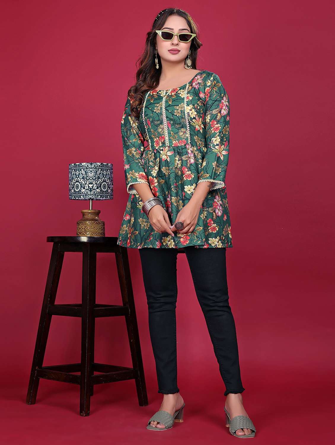 women printed three quarter sleeve flared kurti