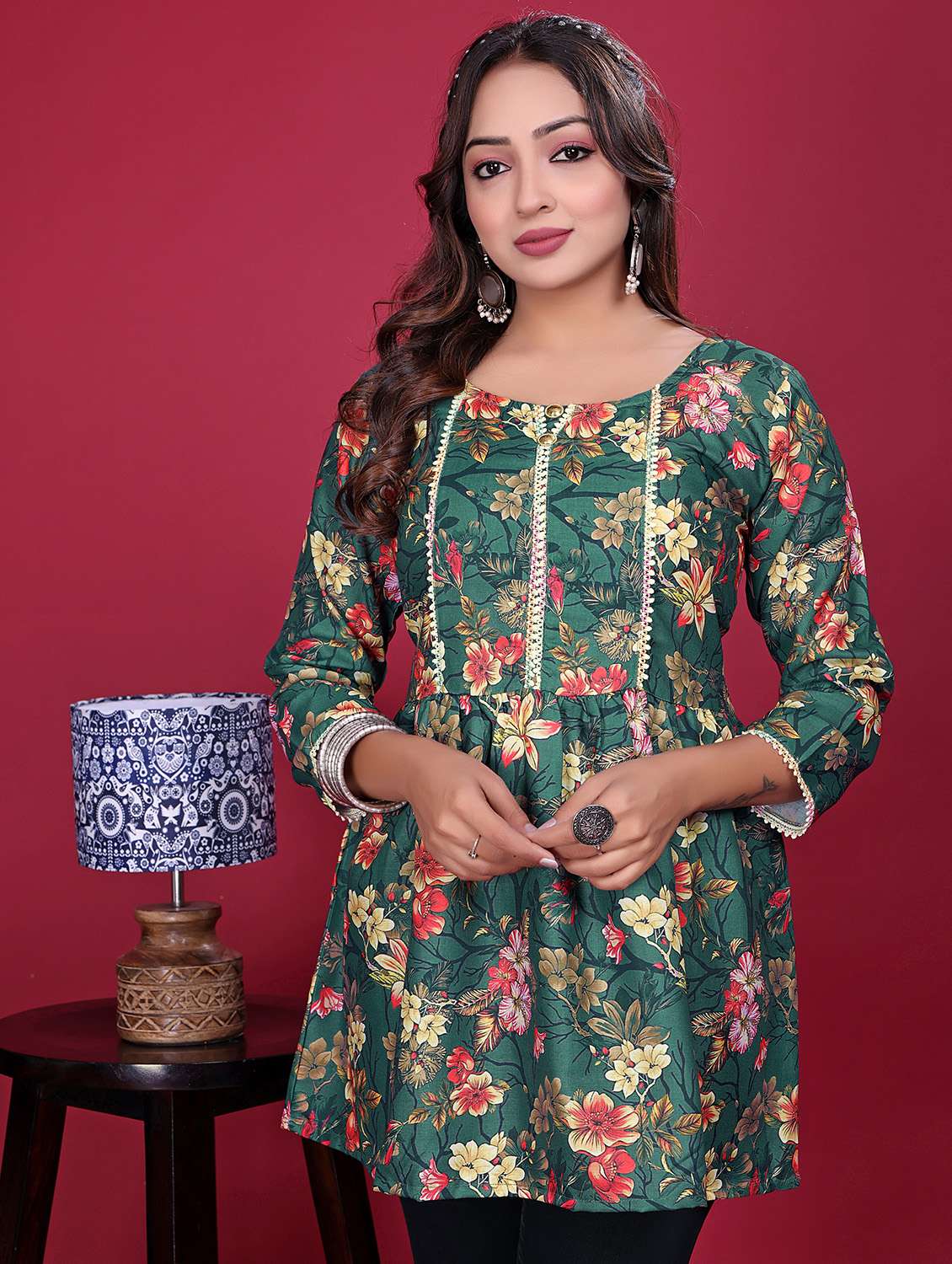 women printed three quarter sleeve flared kurti - 21998632 - Standard Image - 1