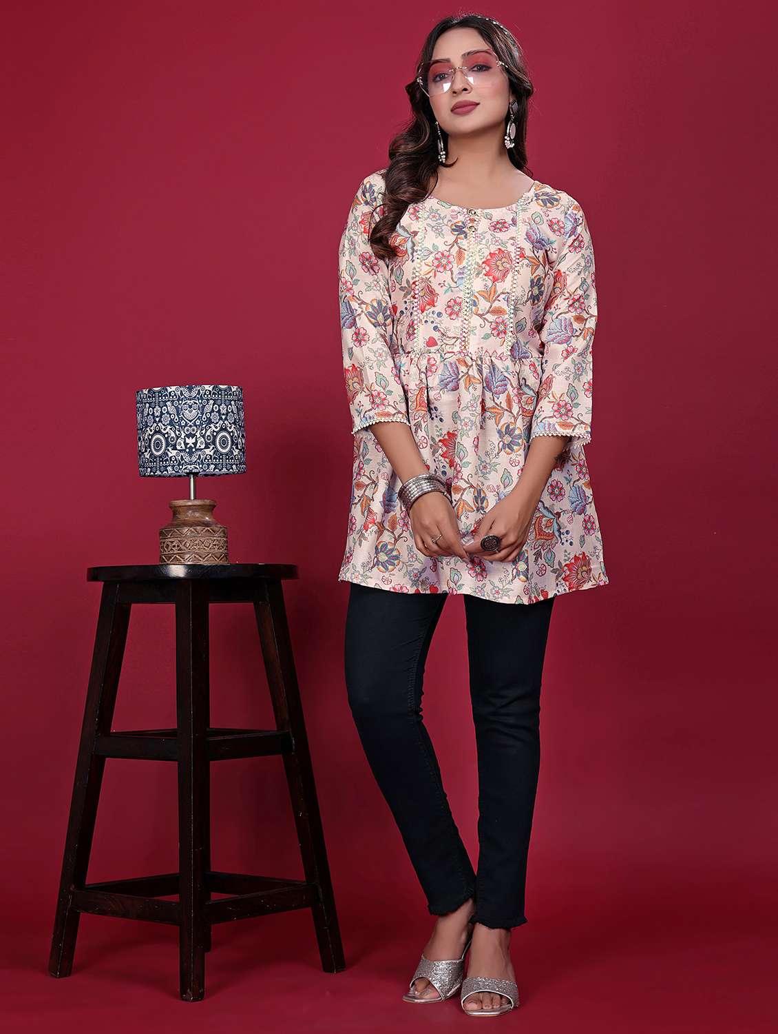 women printed three quarter sleeve flared kurti