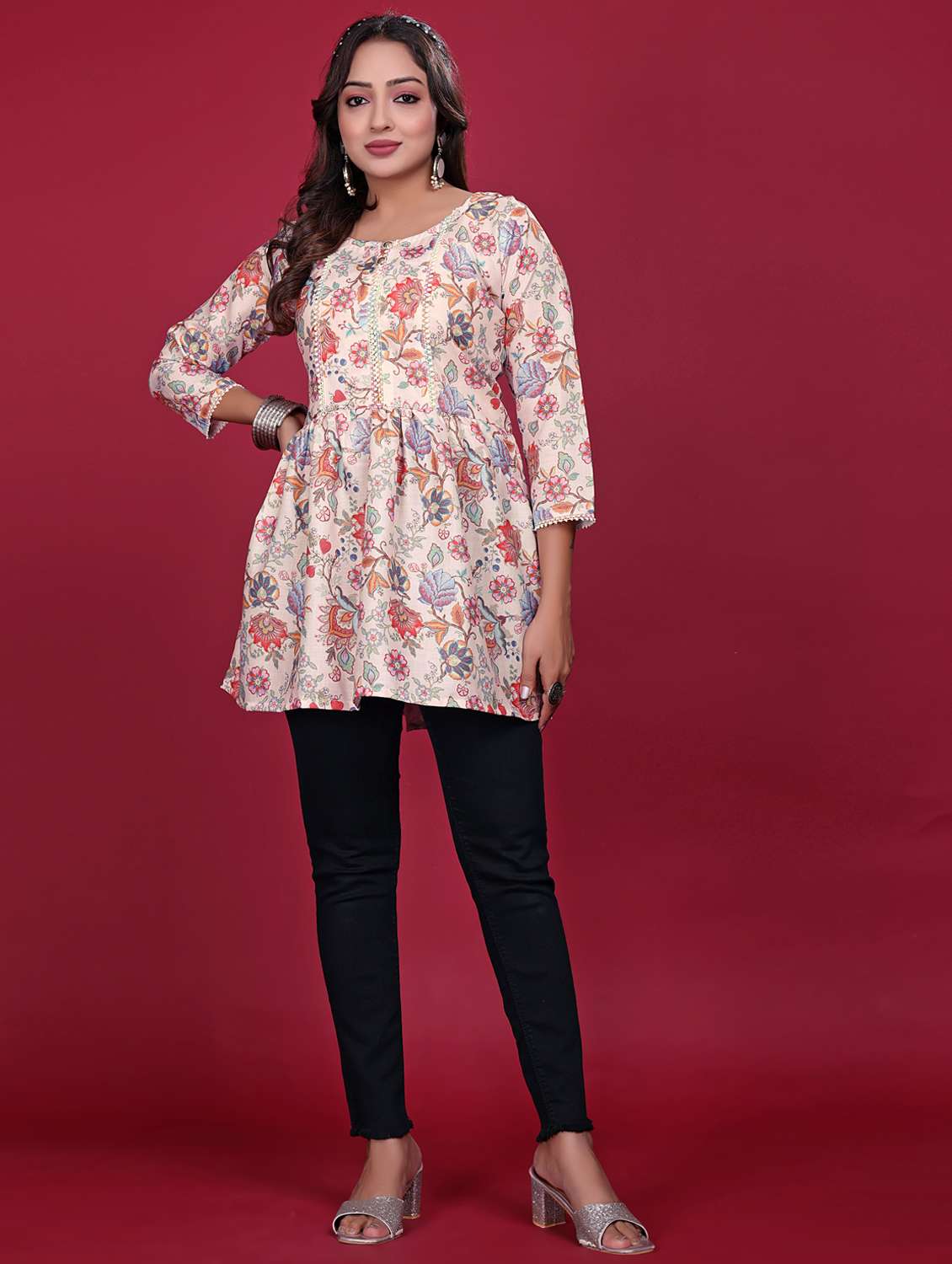 women printed three quarter sleeve flared kurti - 21998633 -  Standard Image - 1