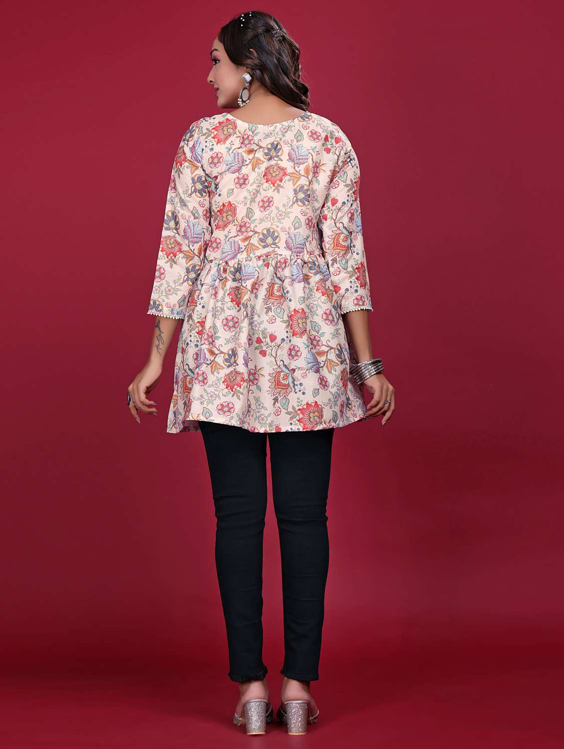 women printed three quarter sleeve flared kurti - 21998633 -  Standard Image - 4