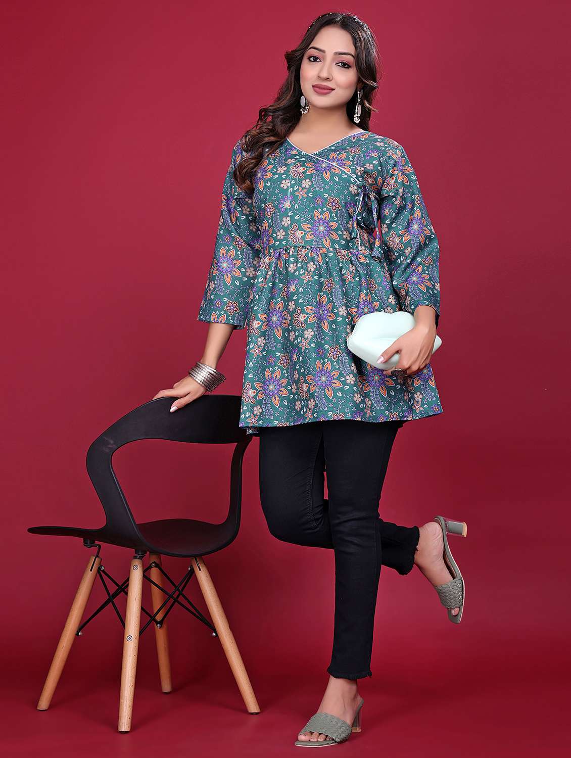 women printed three quarter sleeve flared kurti