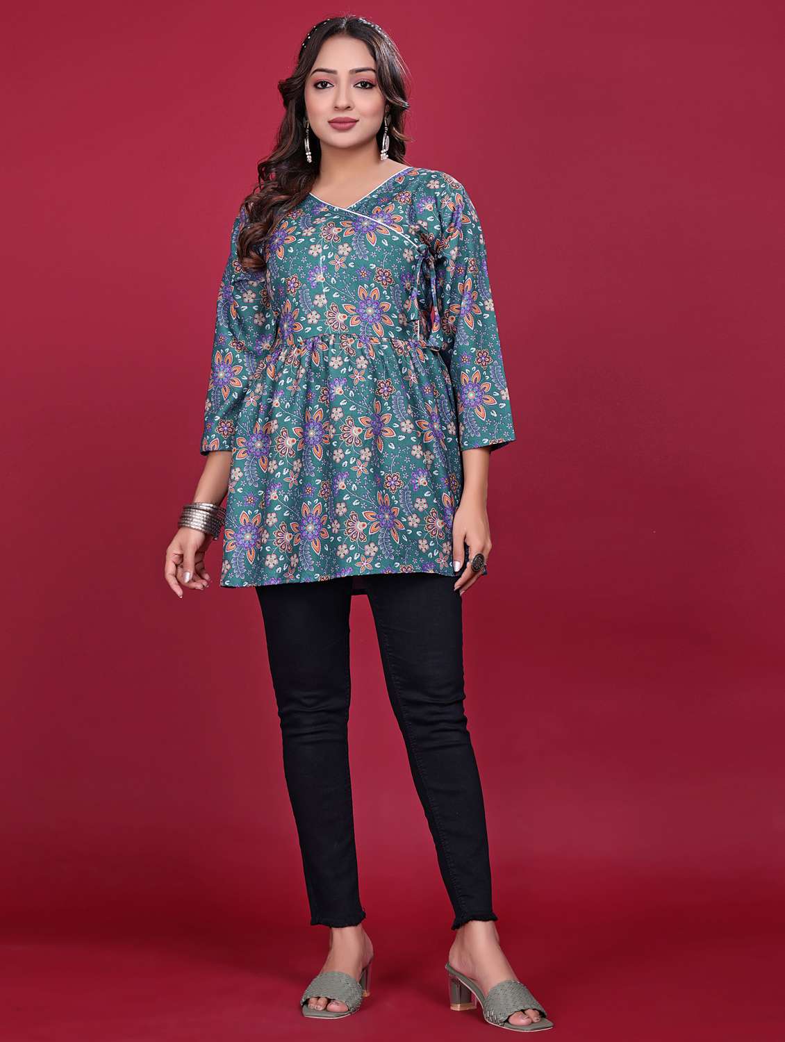 women printed three quarter sleeve flared kurti - 21998635 - Standard Image - 1