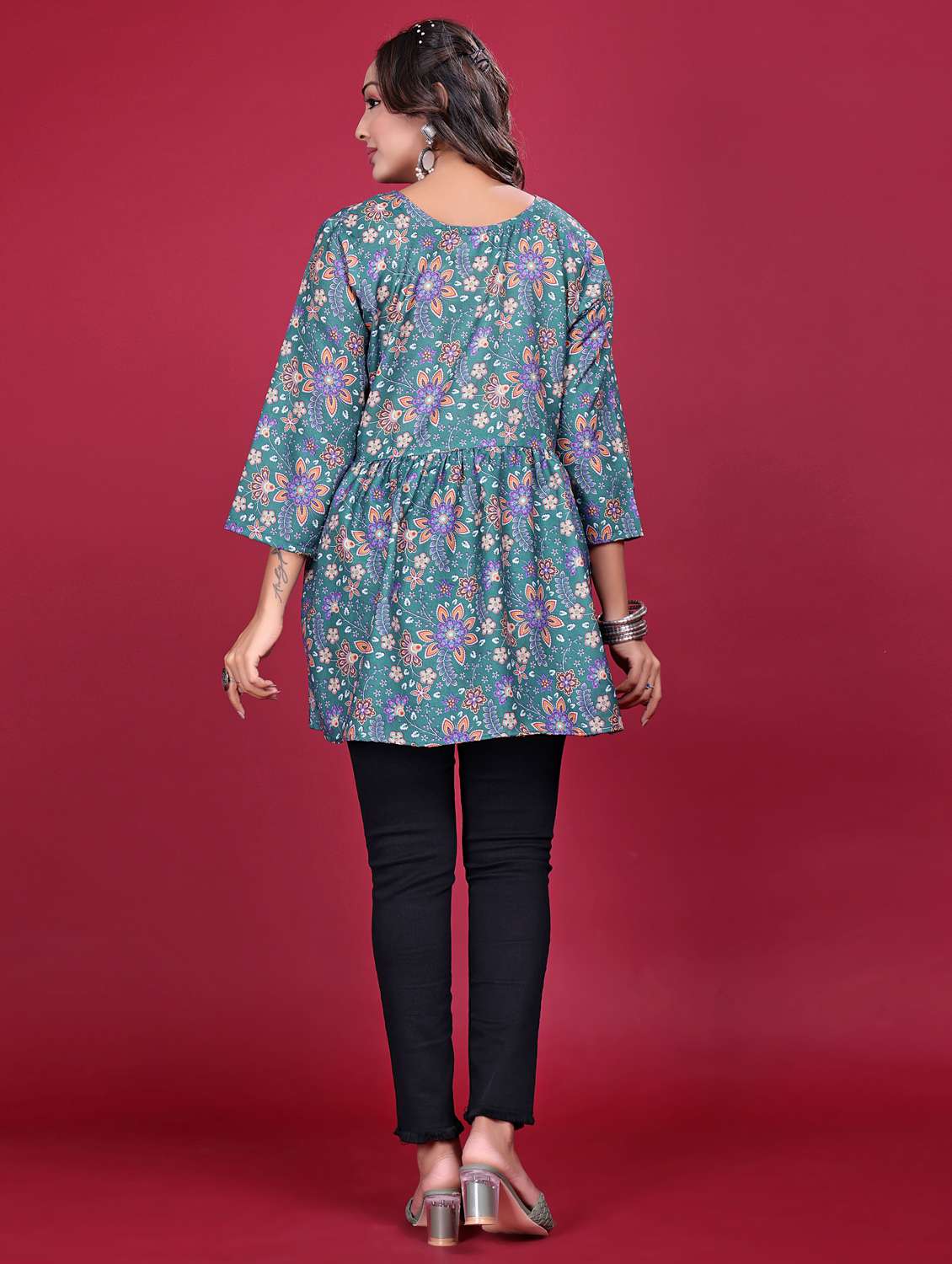 women printed three quarter sleeve flared kurti - 21998635 - Standard Image - 4